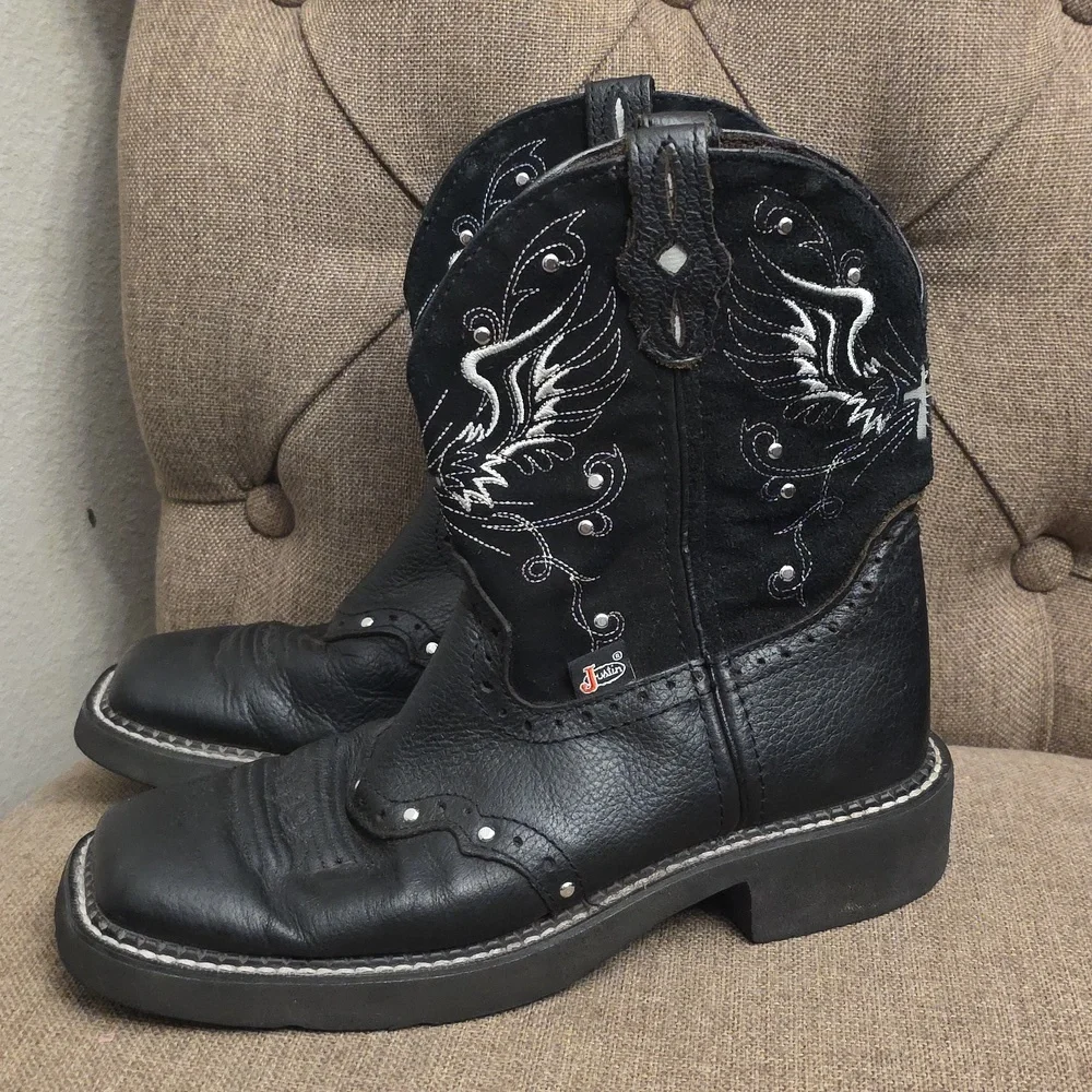 Black Women's Justin Western Square Toe Boots 7.5 - Picture 7 of 12